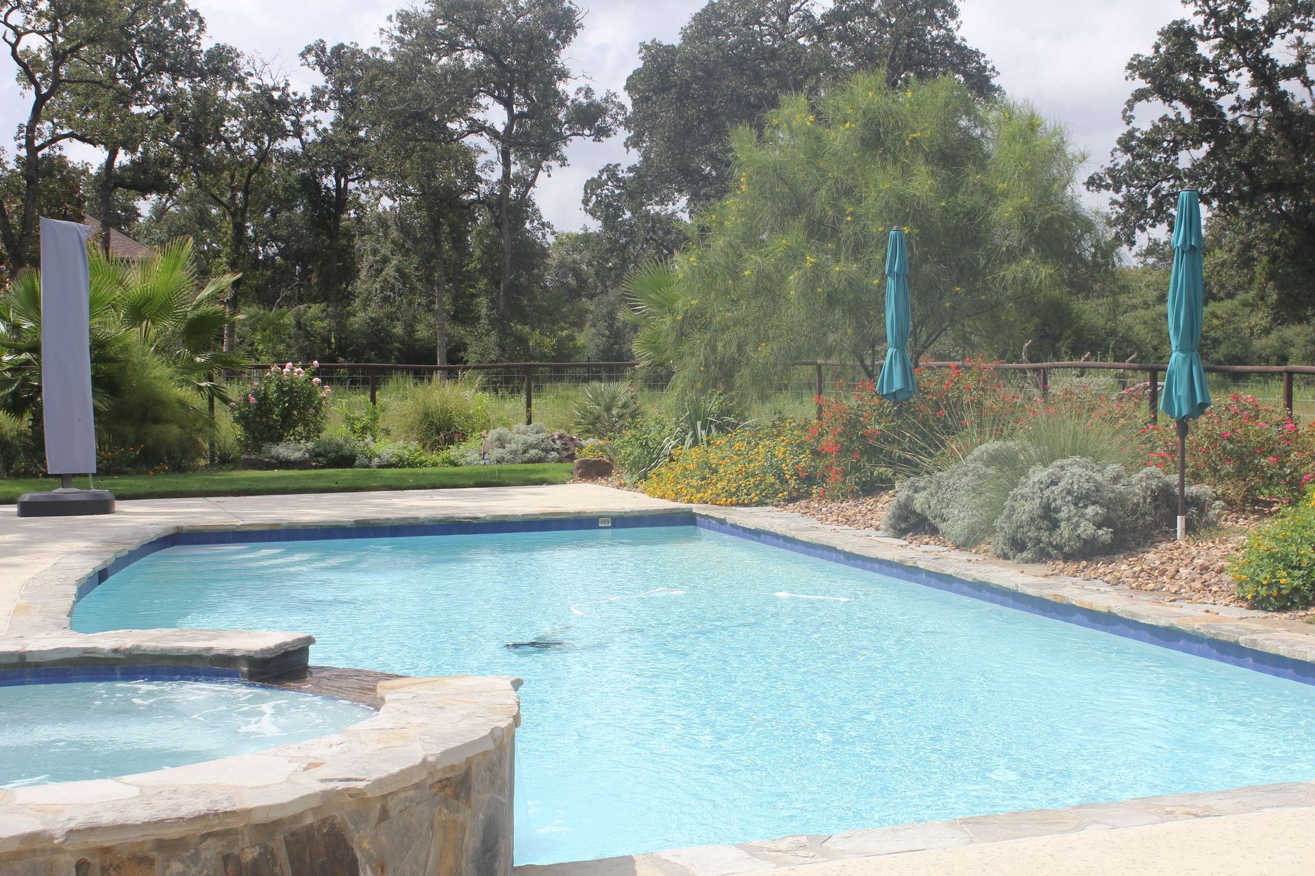 A large swimming pool with two blue umbrellas in the background