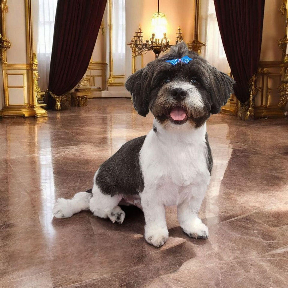 Shih Tzu Dog With Blue Bow Sits in an Ornate Room, Panting — Snippittys in Manoora, QLD