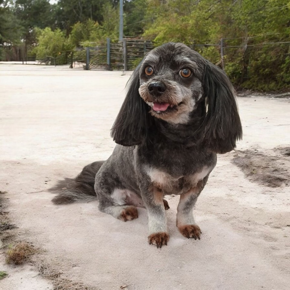 Grey and Tan Dog With a Fresh Haircut Sitting on a Sandy Surface — Snippittys in Manoora, QLD