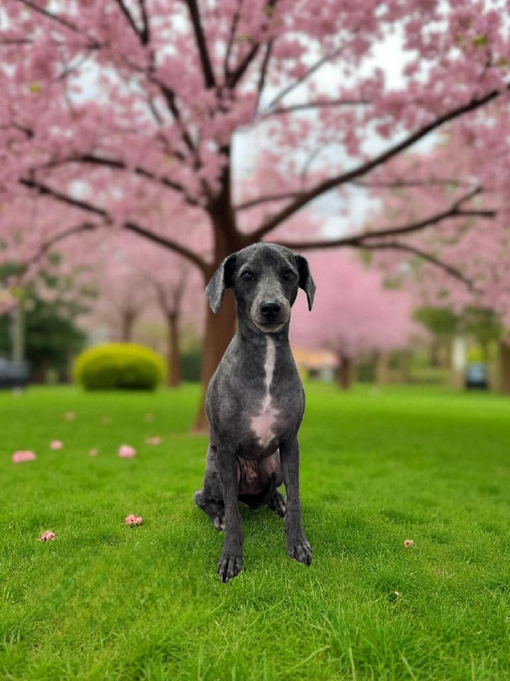 Dog With Gray Fur and White Chest Sits in a Grassy Park — Snippittys in Manoora, QLD
