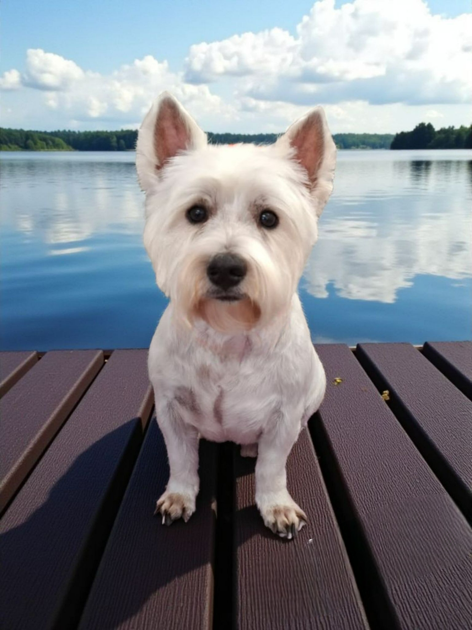 White West Highland Terrier Sits on Dock, Looking at the Camera — Snippittys in Manoora, QLD