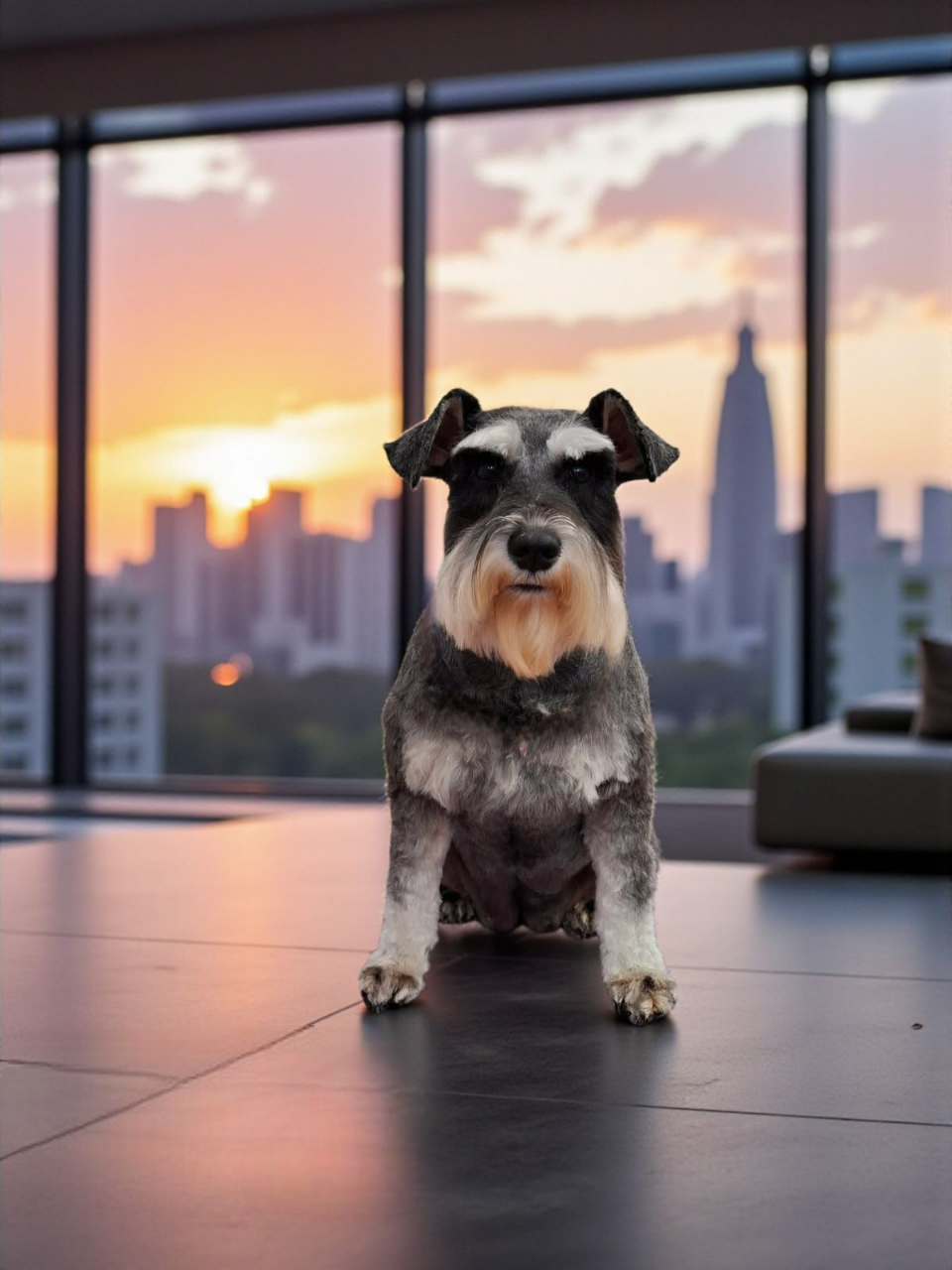 Miniature Schnauzer Sitting in Front of a Window With a Cityscape at Sunset — Snippittys in Manoora, QLD