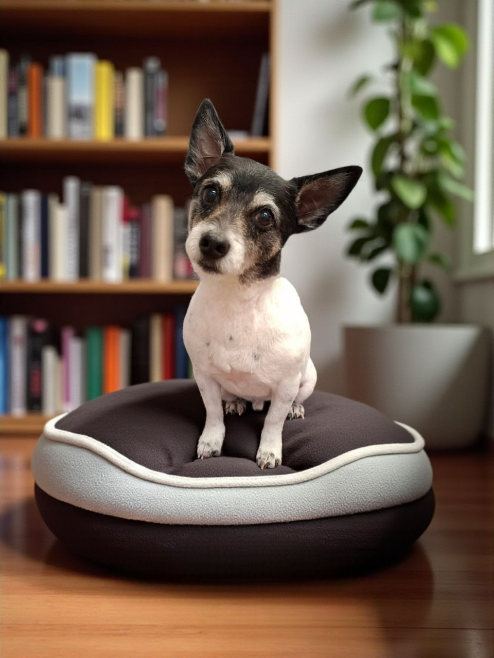 Small Dog Sitting on a Bed, Head Tilted — Snippittys in Manoora, QLD