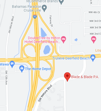 Map of Deerfield Beach, Florida, showing the location of Blade & Blade P.A. near an interstate and businesses.