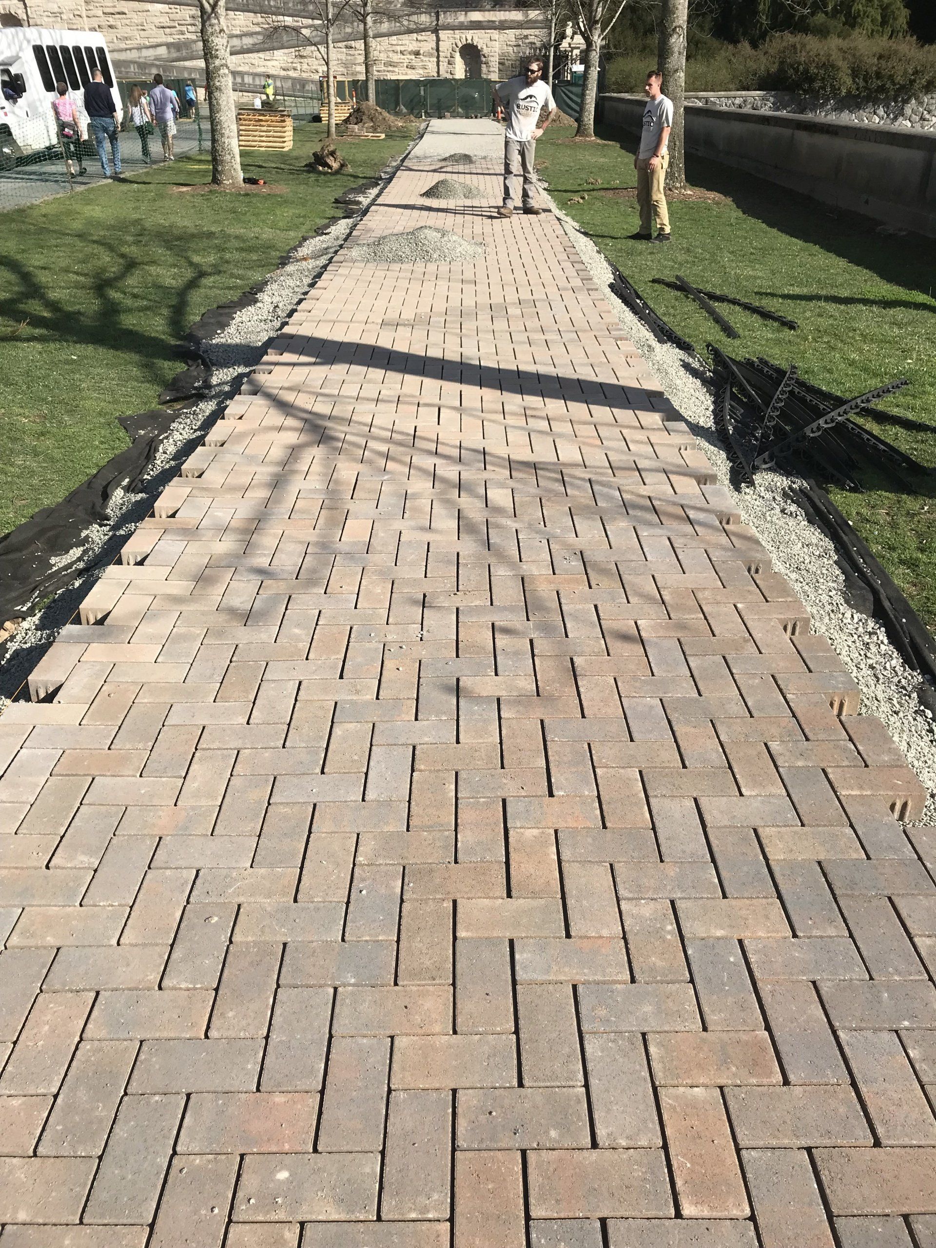 A man is standing on a brick walkway in a park.