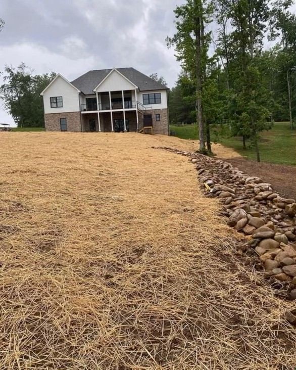 A large house sits on top of a hill surrounded by trees