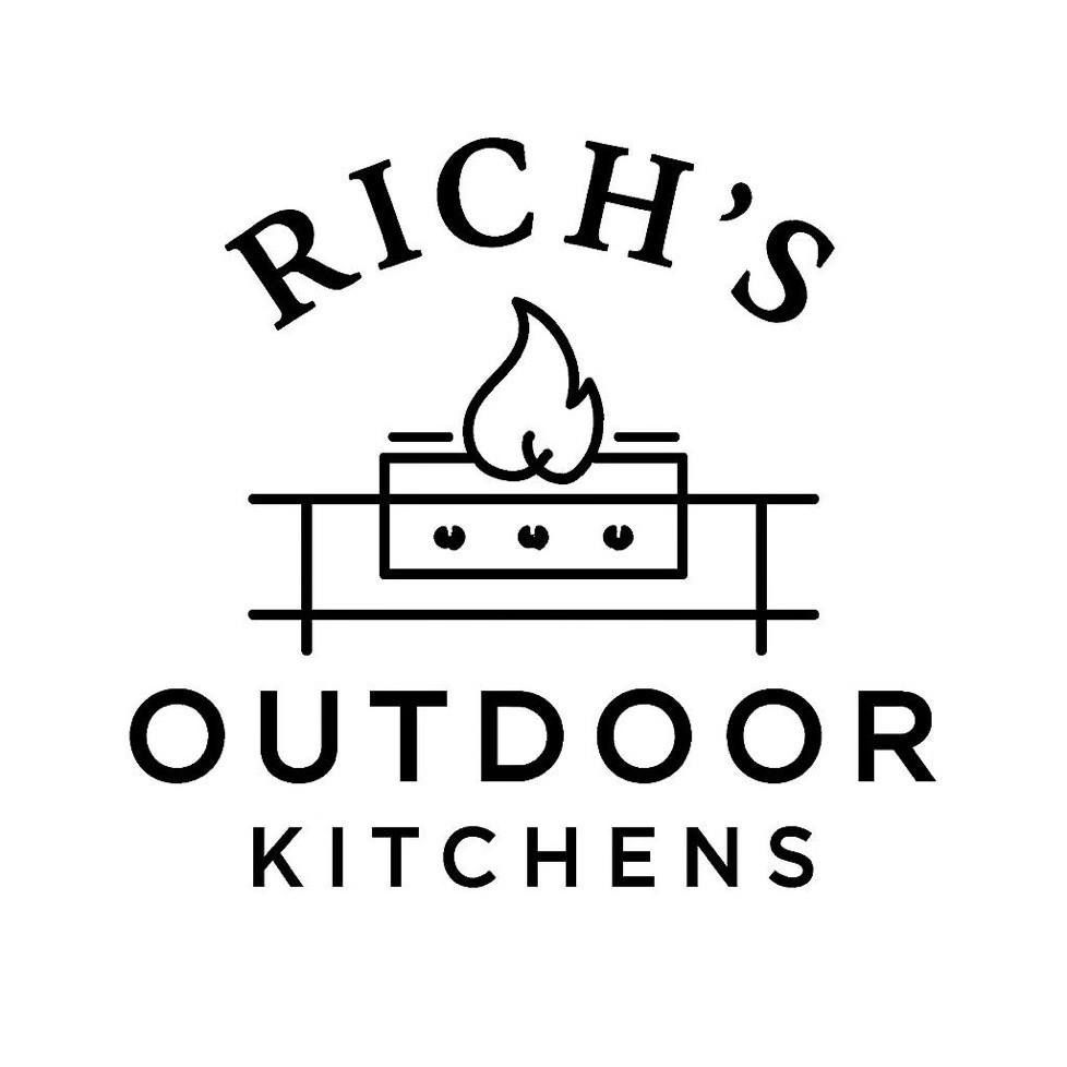 Logo for Rich's Outdoor Kitchens, featuring a grill with a flame and text.