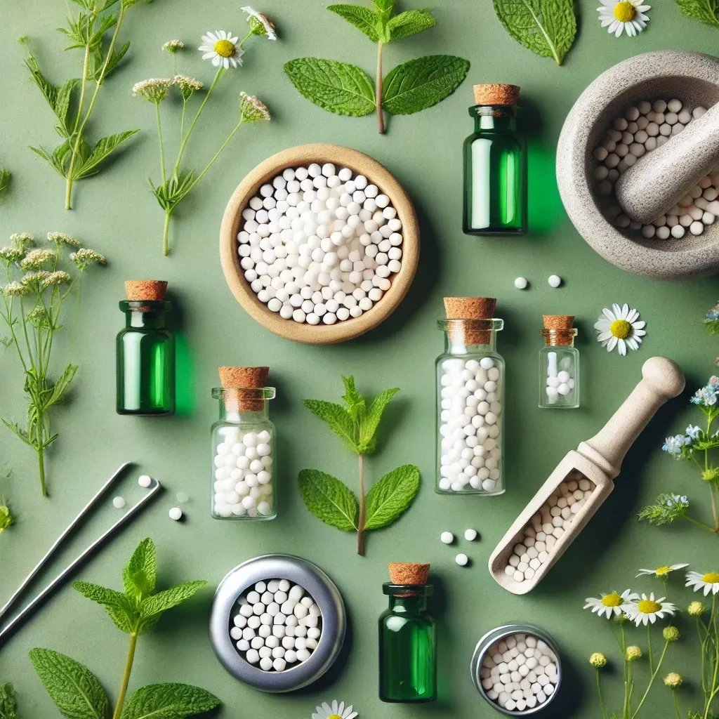 There are many different types of homeopathy products on a green background.