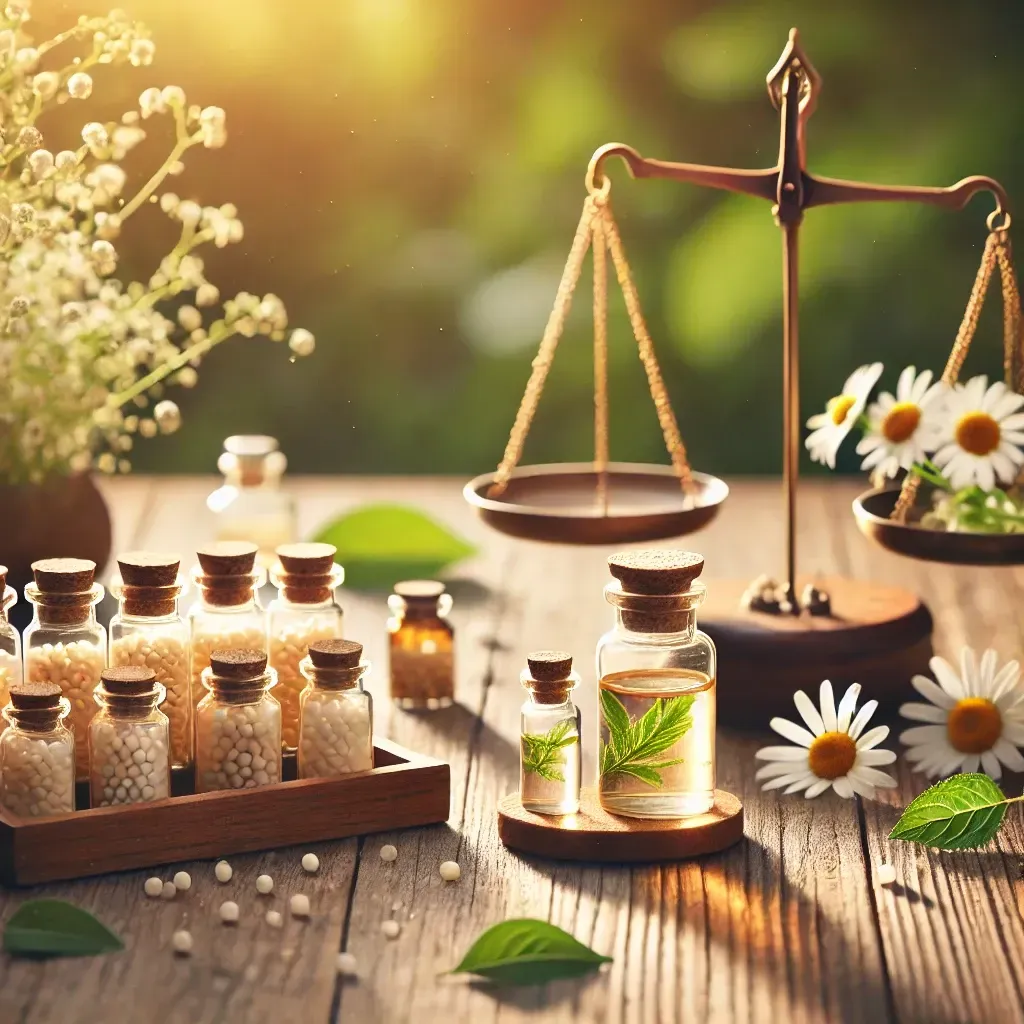 A wooden table topped with bottles of homeopathic remedies and a scale.