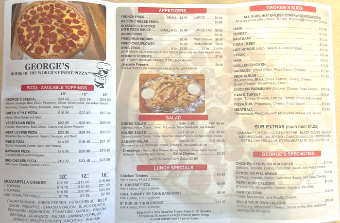 Menu 1 | Fredericksburg, VA | George’s Pizza Place