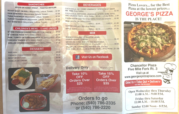 Menu 2 | Fredericksburg, VA | George’s Pizza Place