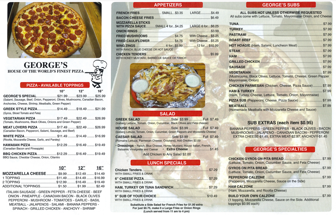 Menu 1 | Fredericksburg, VA | George’s Pizza Place