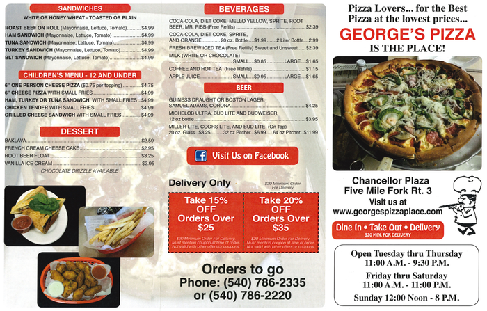 Menu 2 | Fredericksburg, VA | George’s Pizza Place