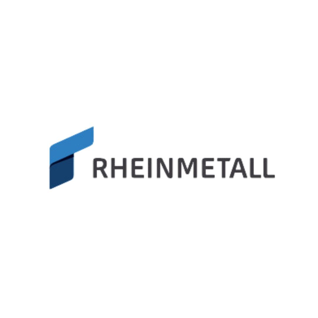 Ein blau-weißes Logo für Rheinmetall auf weißem Hintergrund.