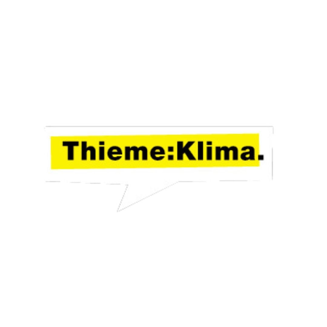 Eine gelbe Sprechblase mit der Aufschrift „Thieme: Klima“.