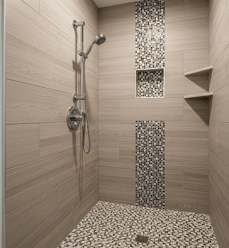 A shower with a tiled floor and a shower head.