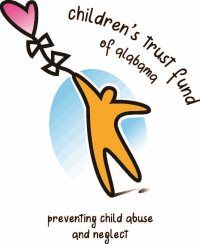 Children’s Trust Fund of Alabama logo with orange figure reaching for pink heart balloon; preventing child abuse and neglect