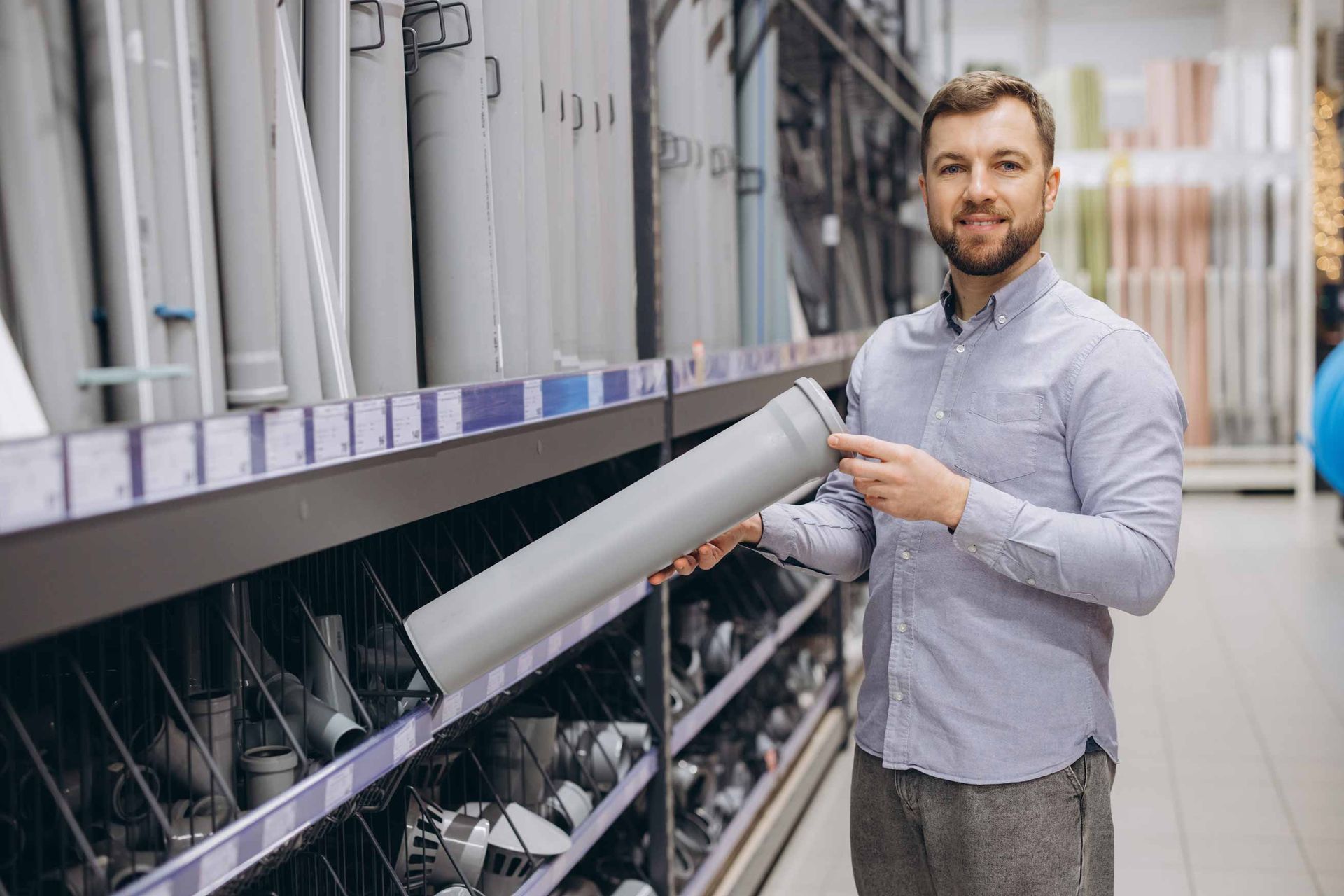 Man holding a rolled sheet of material in a hardware store aisle beside shelves of supplies