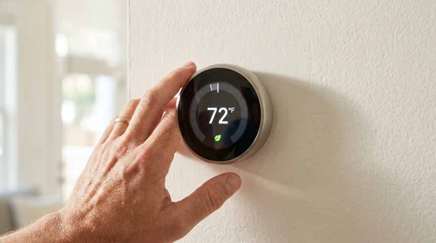 Hand adjusting a round digital thermostat reading 72° on a white wall