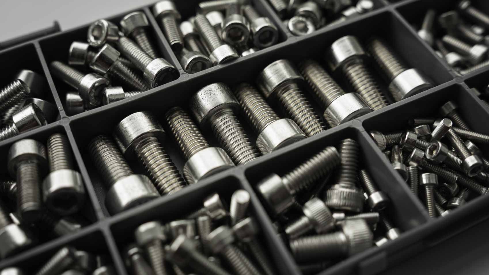 Assorted metal bolts and screws organized in black compartments