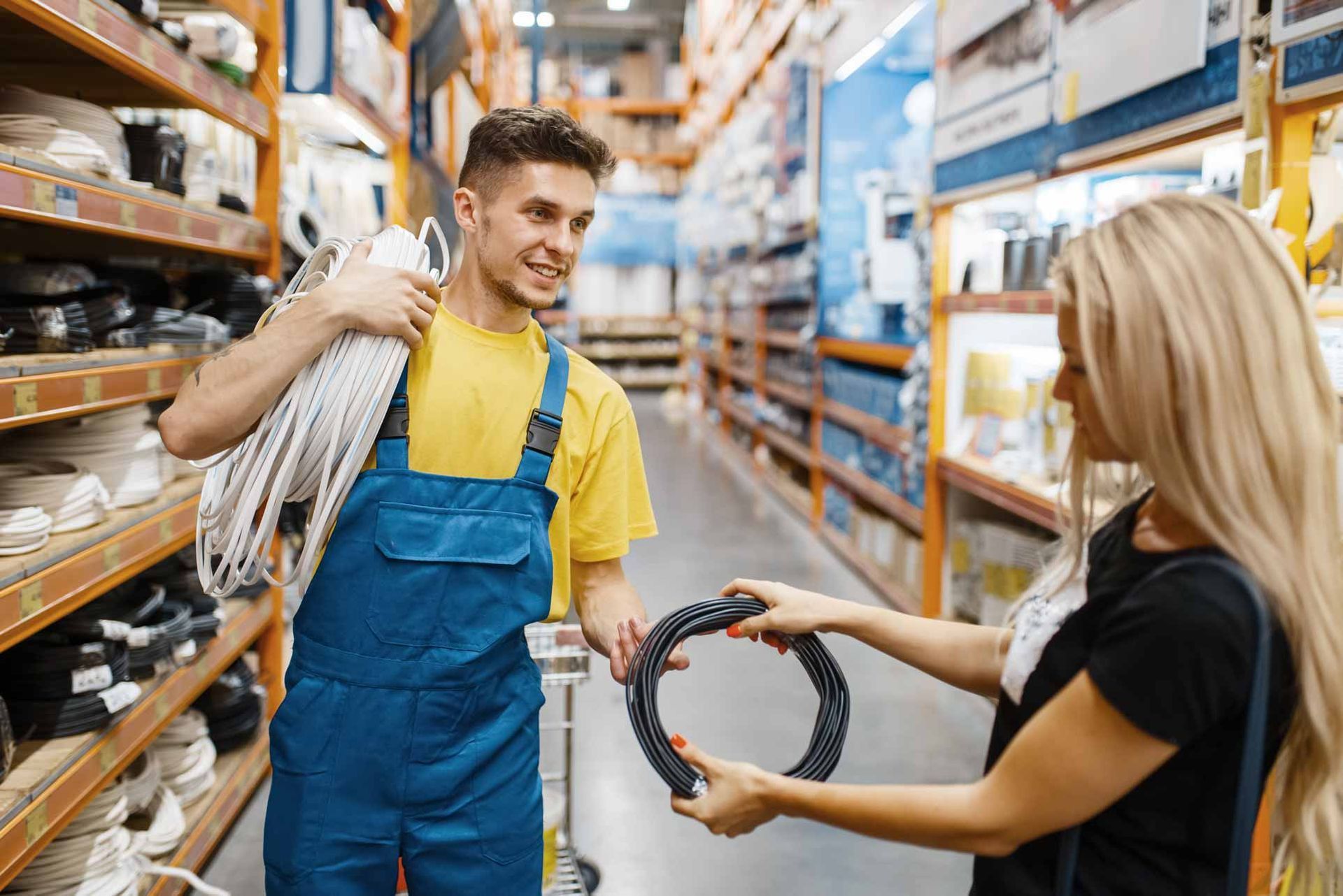 Store employee in blue overalls handing a cable to a customer in a hardware aisle