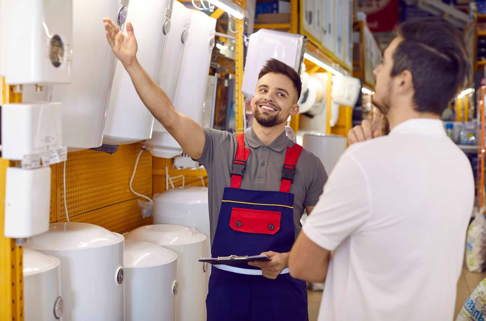 Two workers discussing kitchen appliances in a showroom, one gesturing while holding a tablet.