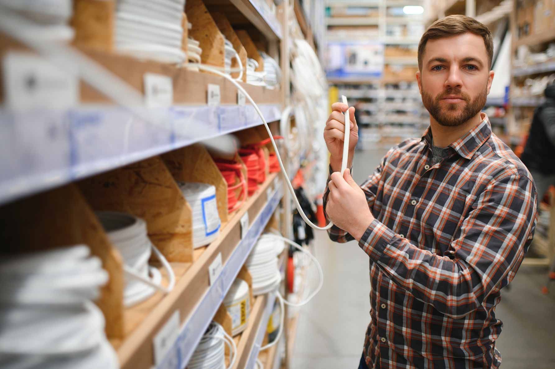 Man in plaid shirt measuring shelving in a store aisle