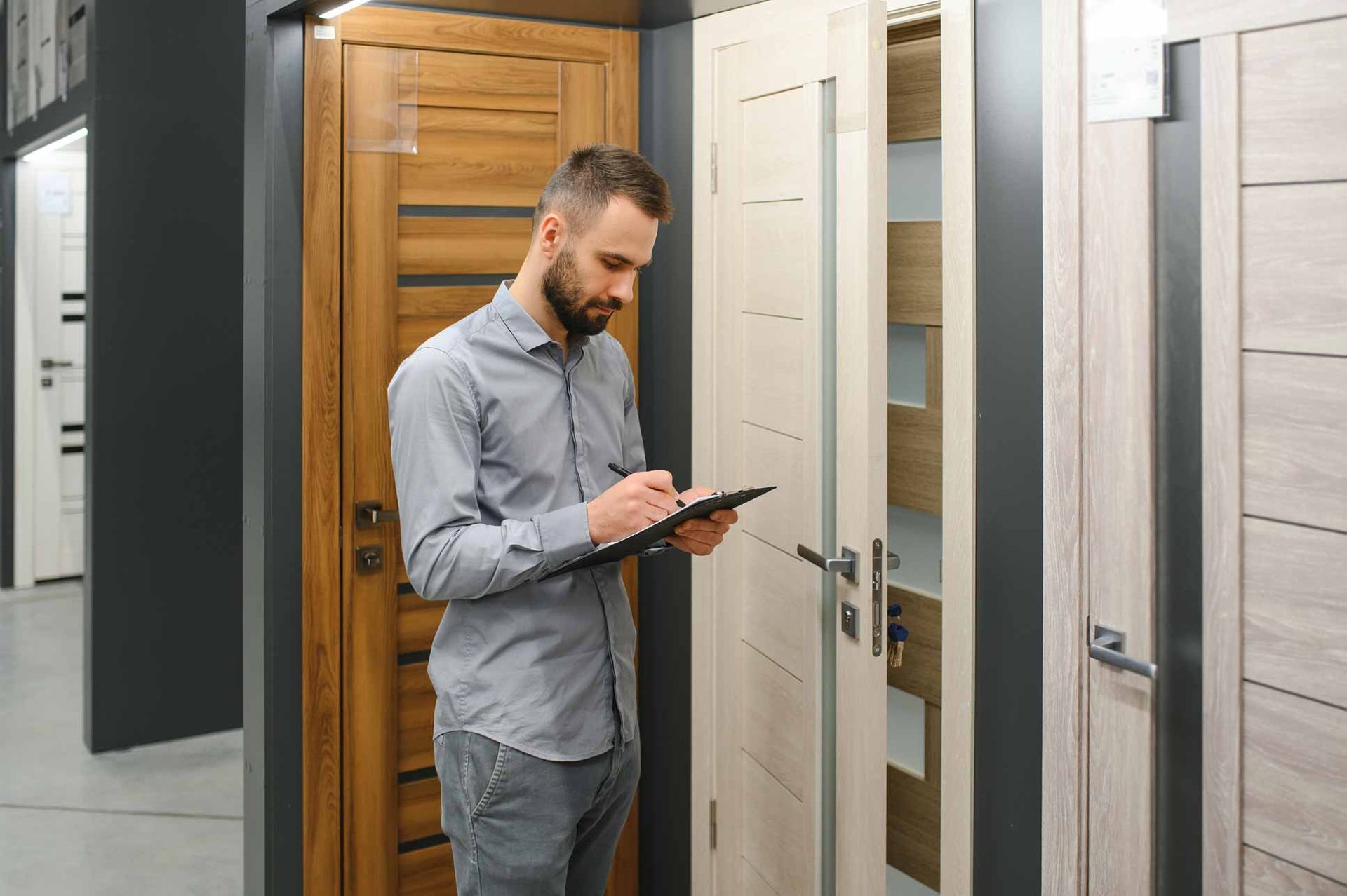 Man in a gray shirt using a tablet at a doorway in a showroom