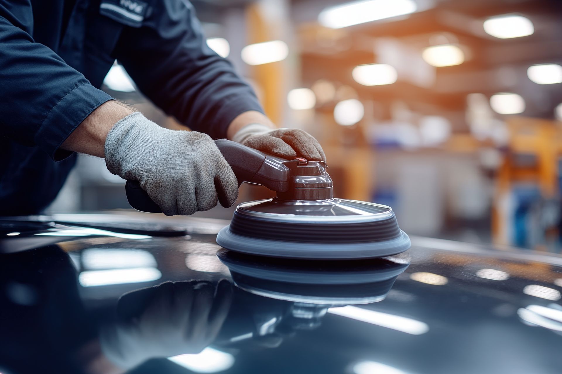 A man is polishing a car with a machine in a garage.
