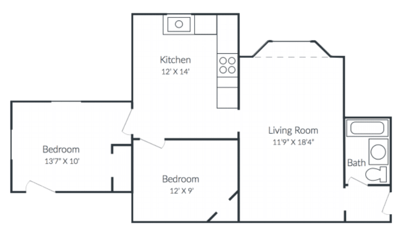 two bedroom one bathroom, 794 square feet floor plan