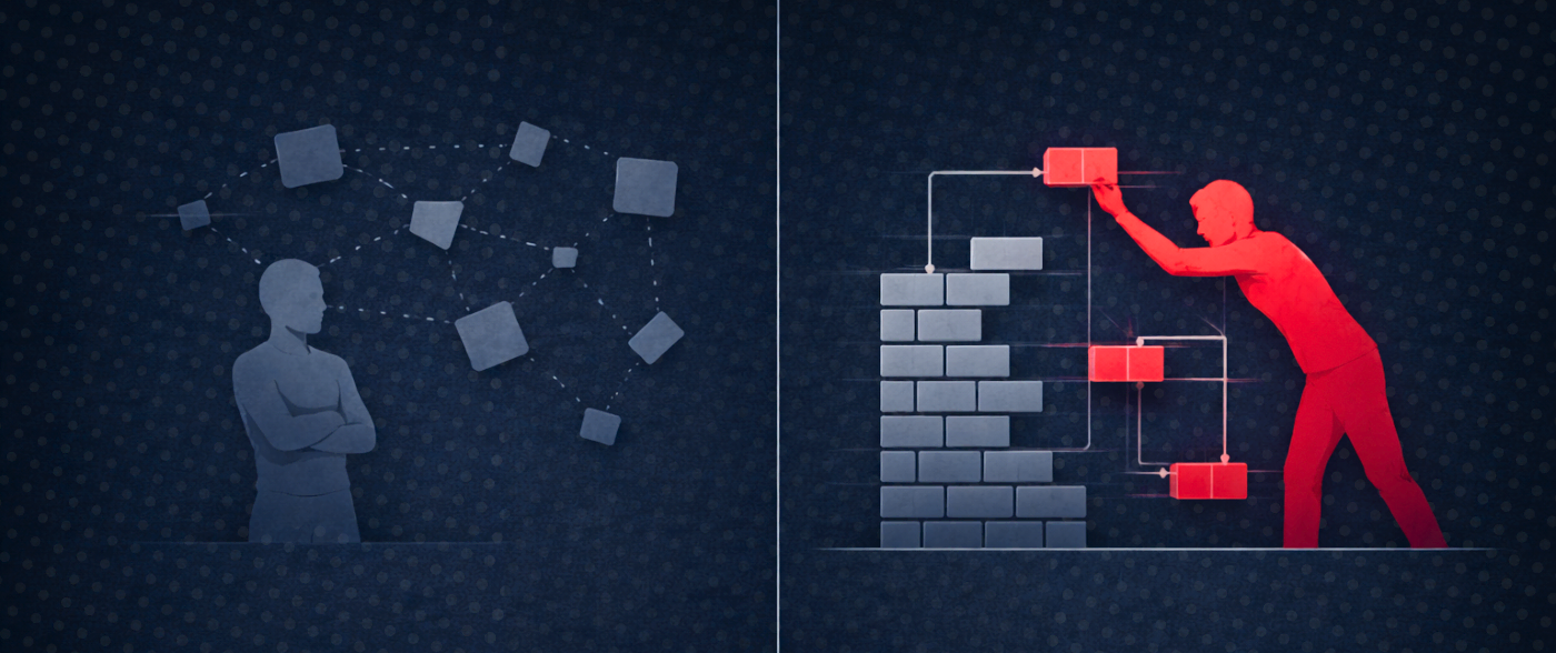 Two side-by-side illustrations. A blue person contemplates abstract squares; a red figure builds a brick wall, connecting bricks.