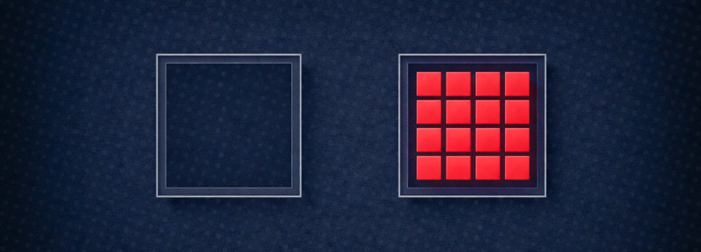Two squares; one empty, the other filled with a grid of 16 red squares on a dark blue background.