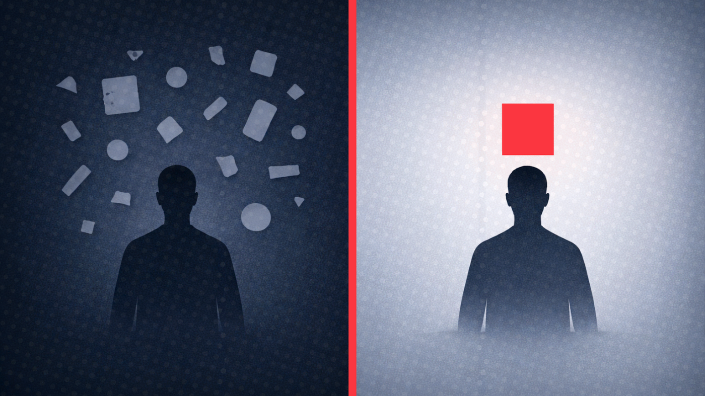 Silhouette of person with scattered shapes overhead vs. silhouette with a red square above.