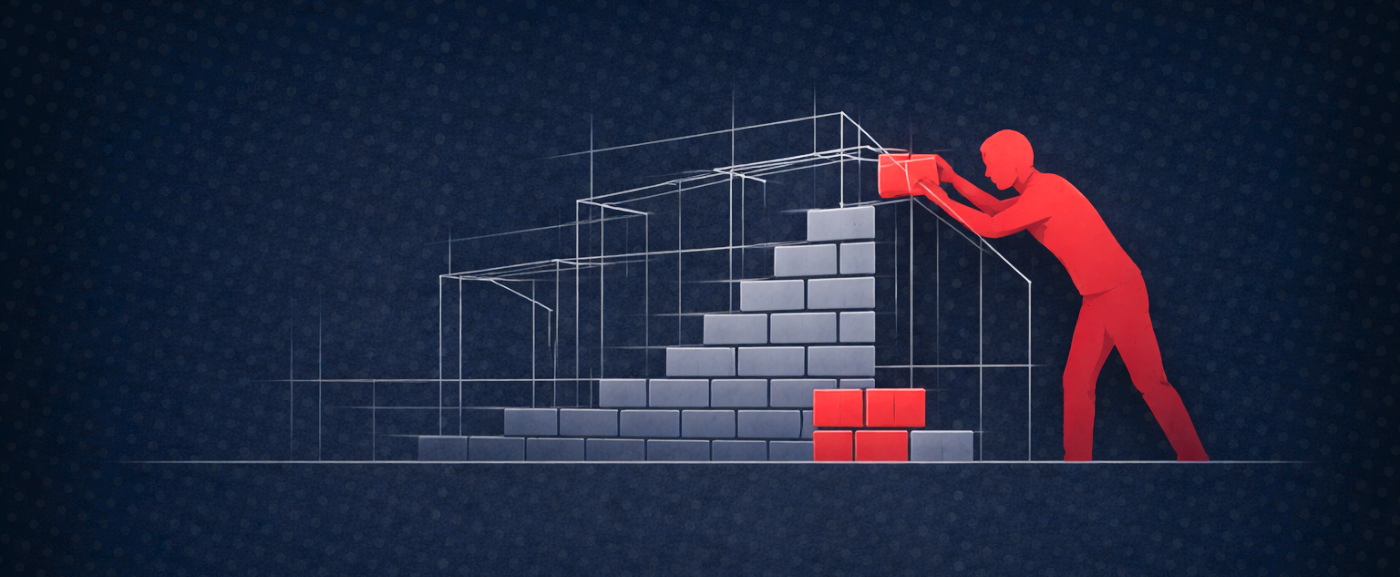 A red figure building a brick staircase on a dark blue background.