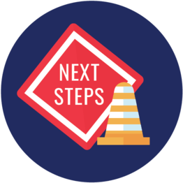an icon of a red sign that says next steps next to a traffic cone