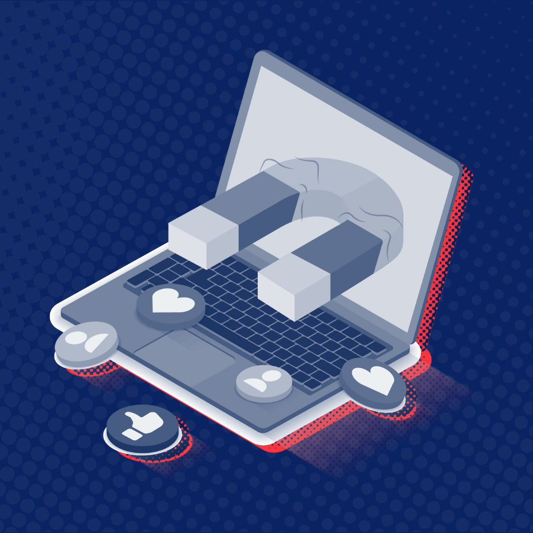 an isometric illustration of a laptop with magnets coming out of it .