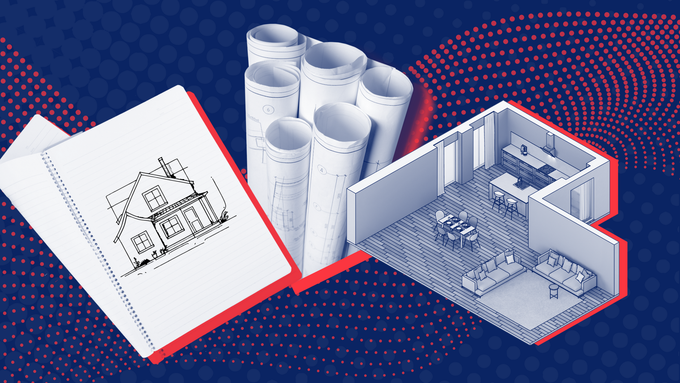 a drawing of a house next to rolls of blueprints