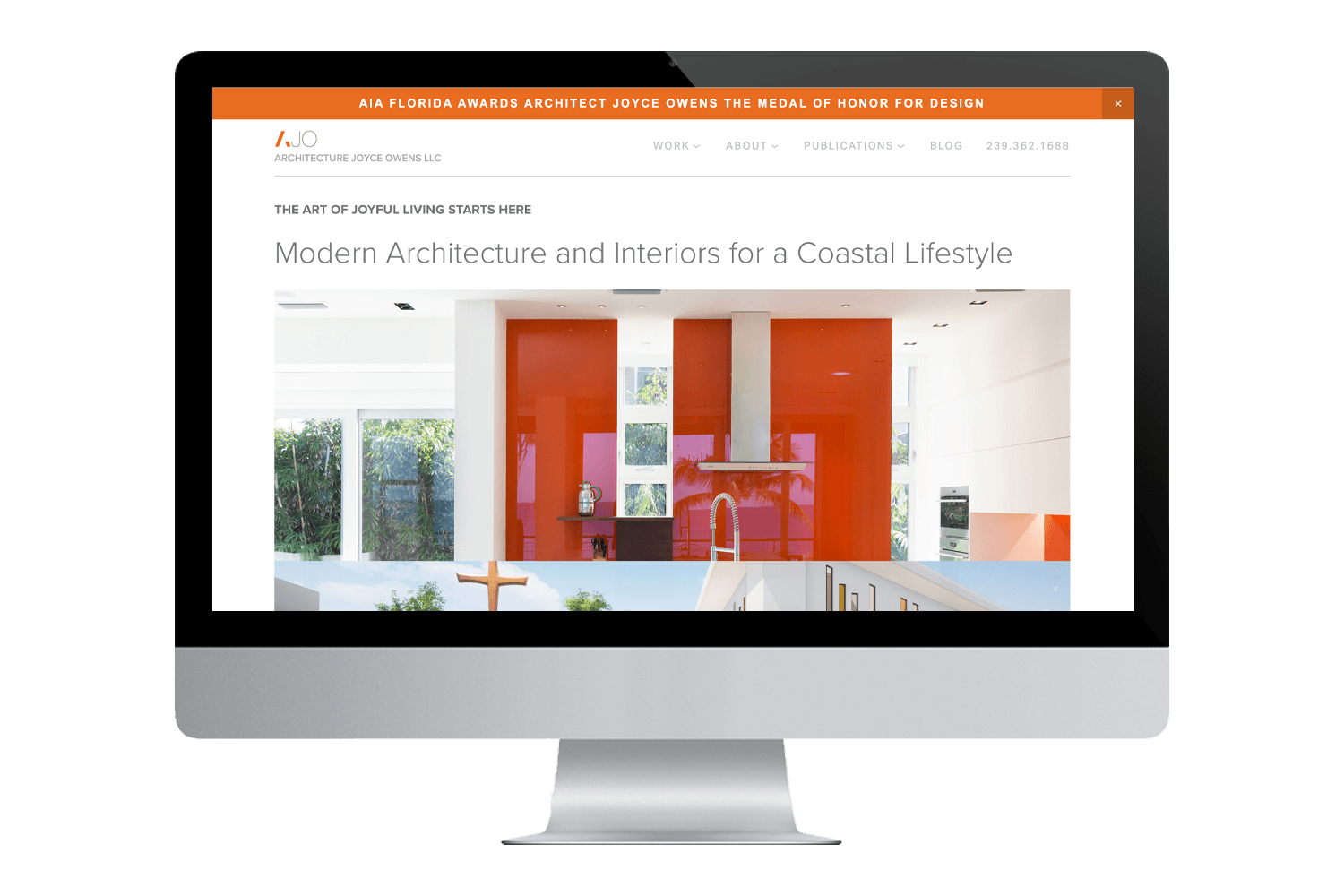 a computer monitor displays a website titled architecture joyce owens