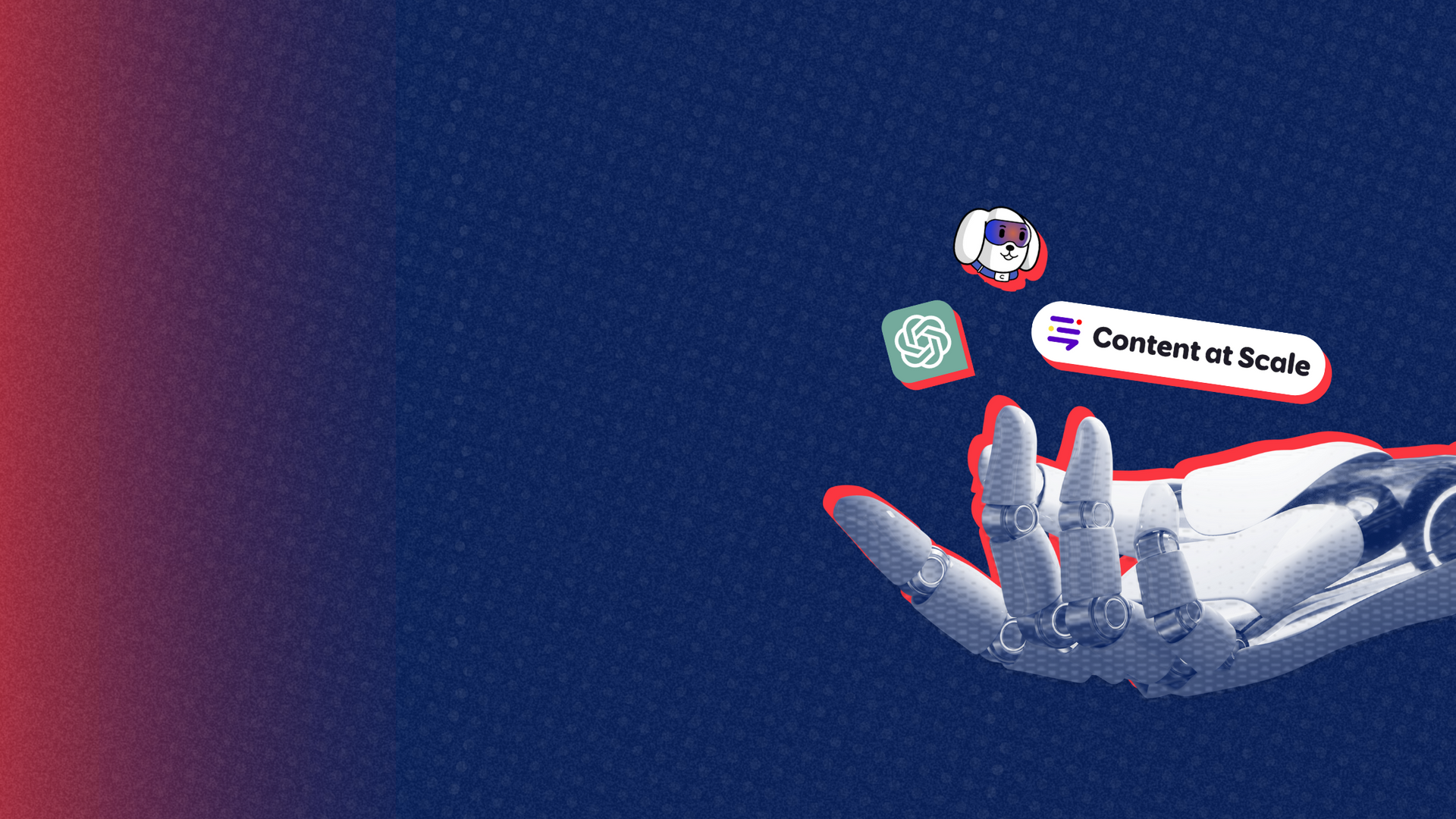 A robotic hand is holding a bunch of ai apps icons.