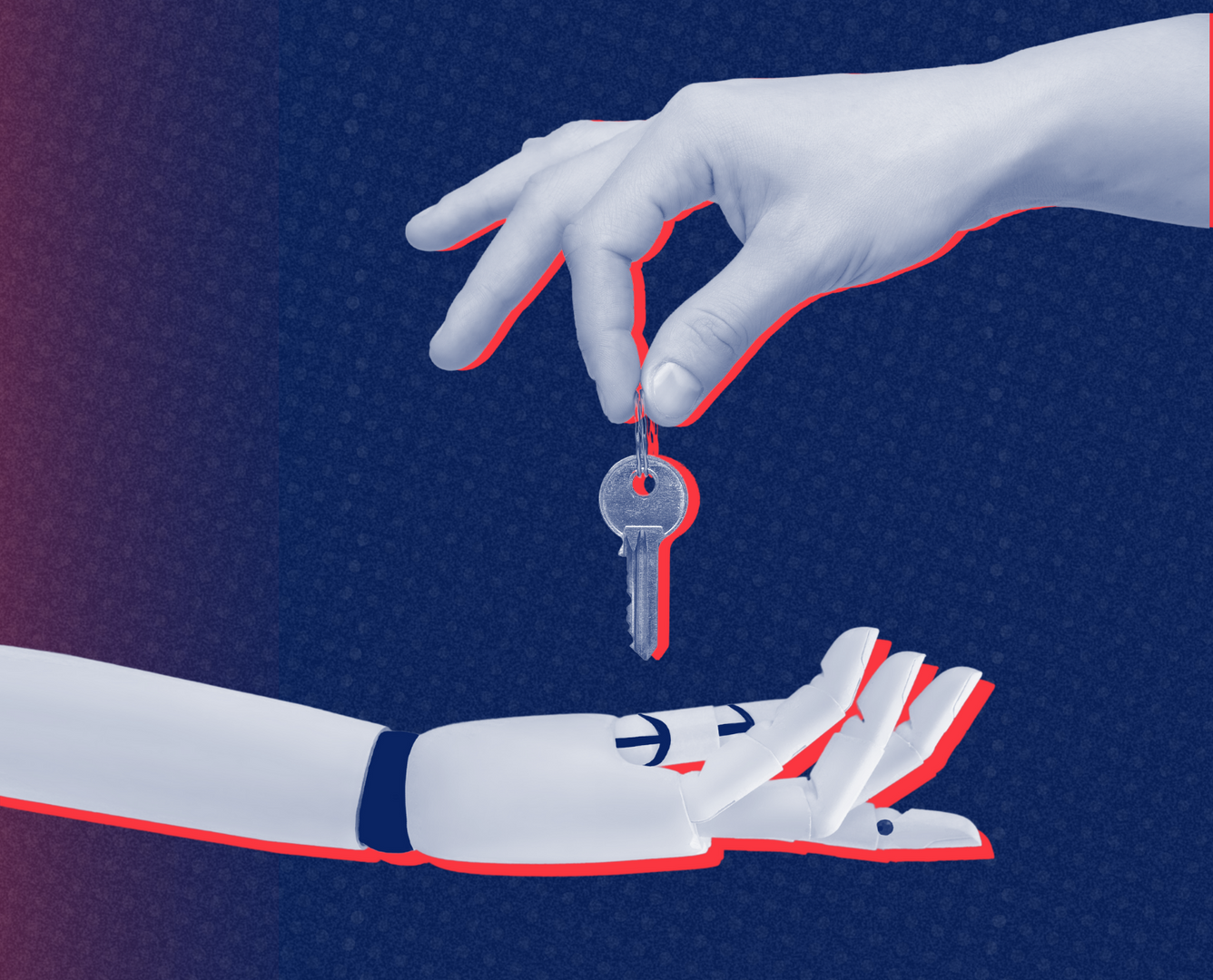 an illustration of a human hand holding a key over a robotic hand