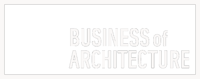 a white sign that says business of architecture on it
