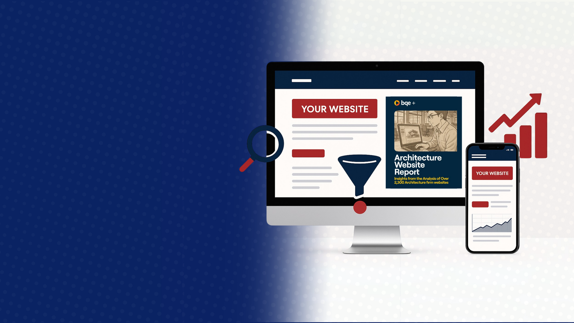 A desktop monitor and smartphone displaying a website and data analytics, with a blue/white gradient background.