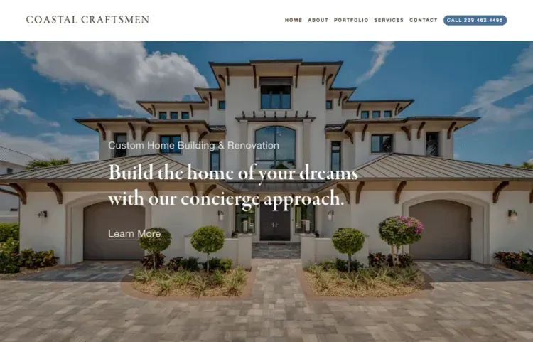 A website for coastal craftsmen shows a large white house.