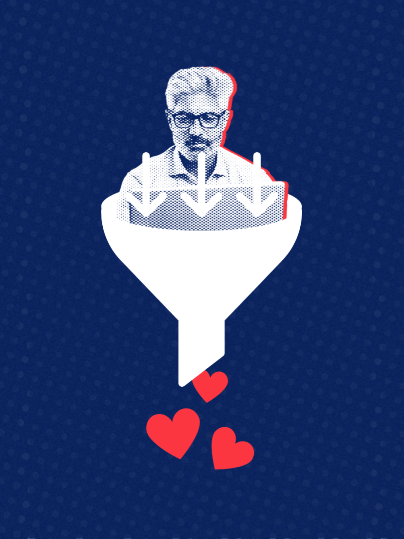 a man in a funnel with hearts coming out of it