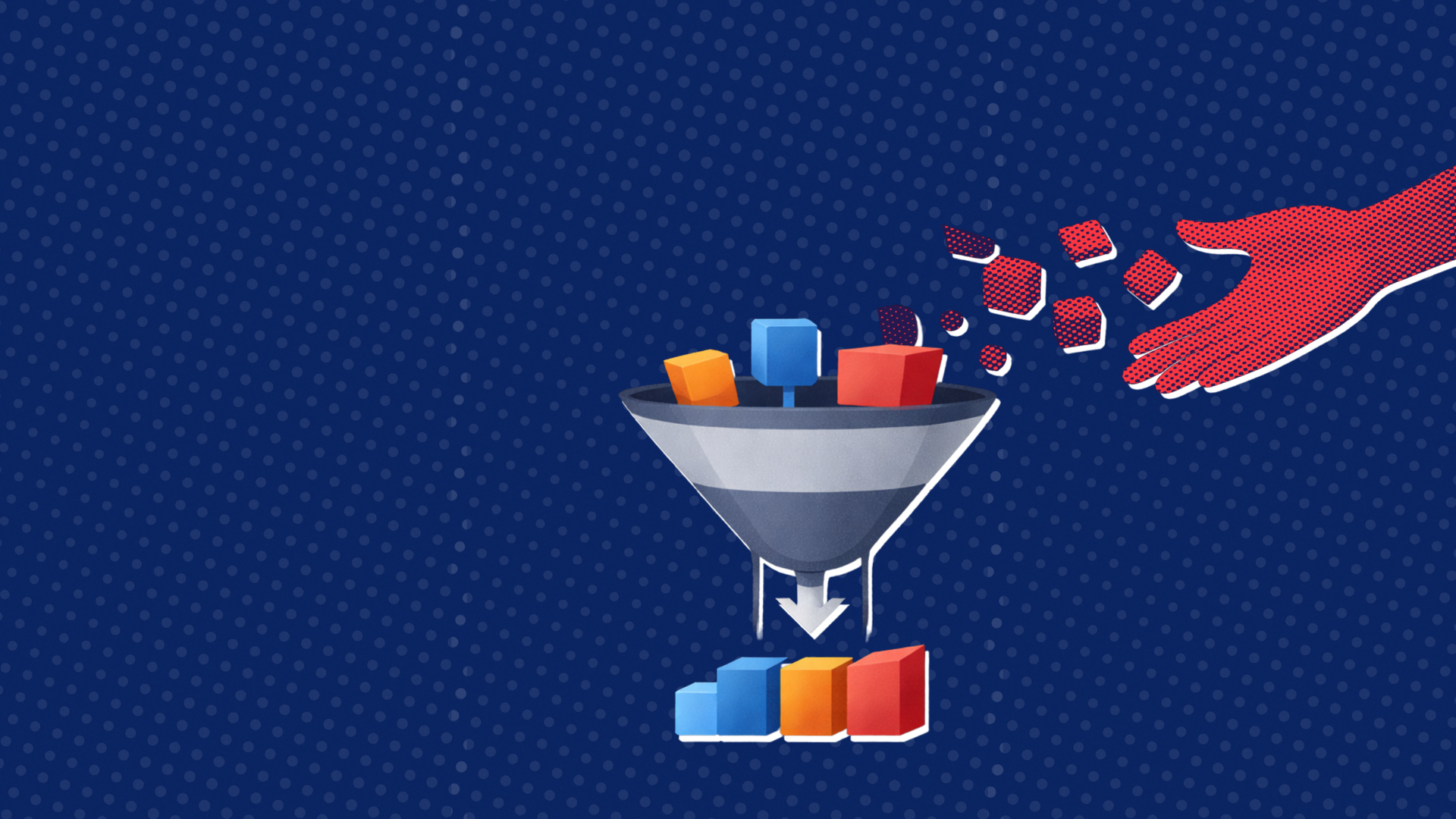 A hand dropping colored blocks into a funnel; the funnel outputs a bar graph.