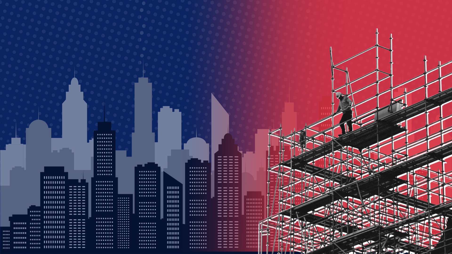 Silhouette cityscape on blue, scaffolding with worker on red background.