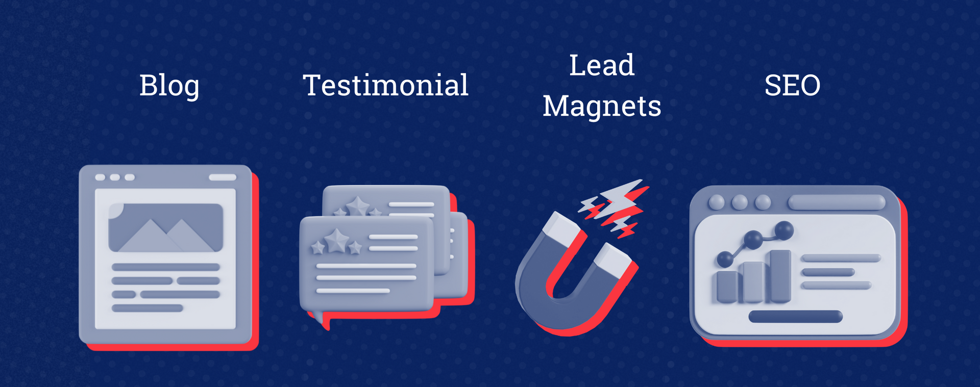 a blue background with icons for blog testimonial lead magnets and seo