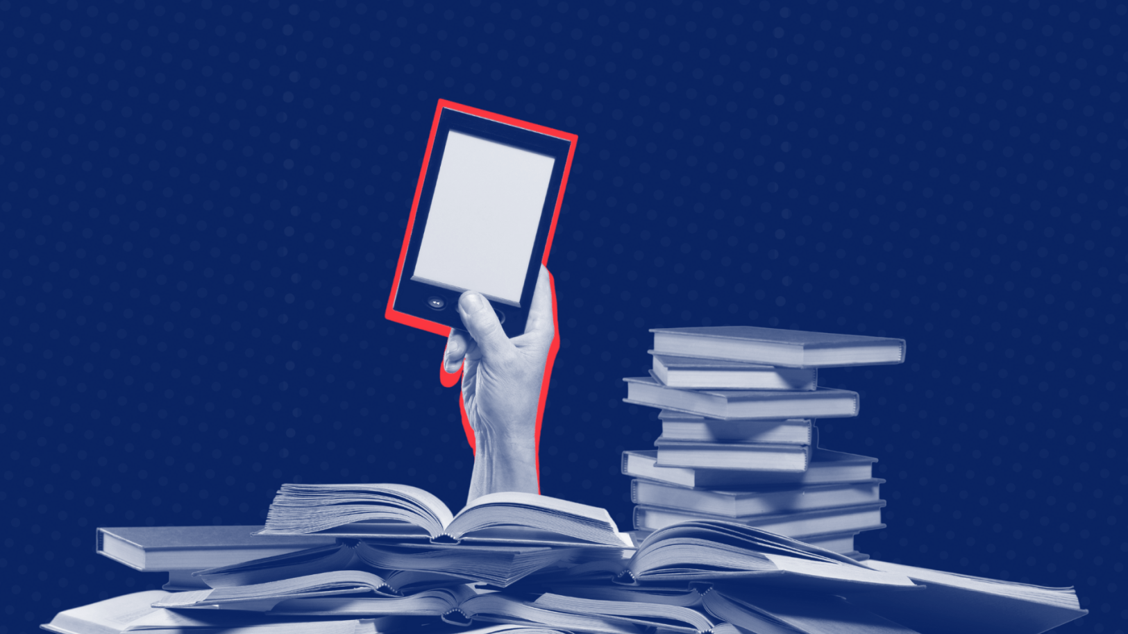 a hand is reaching out of a pile of books to hold a tablet .