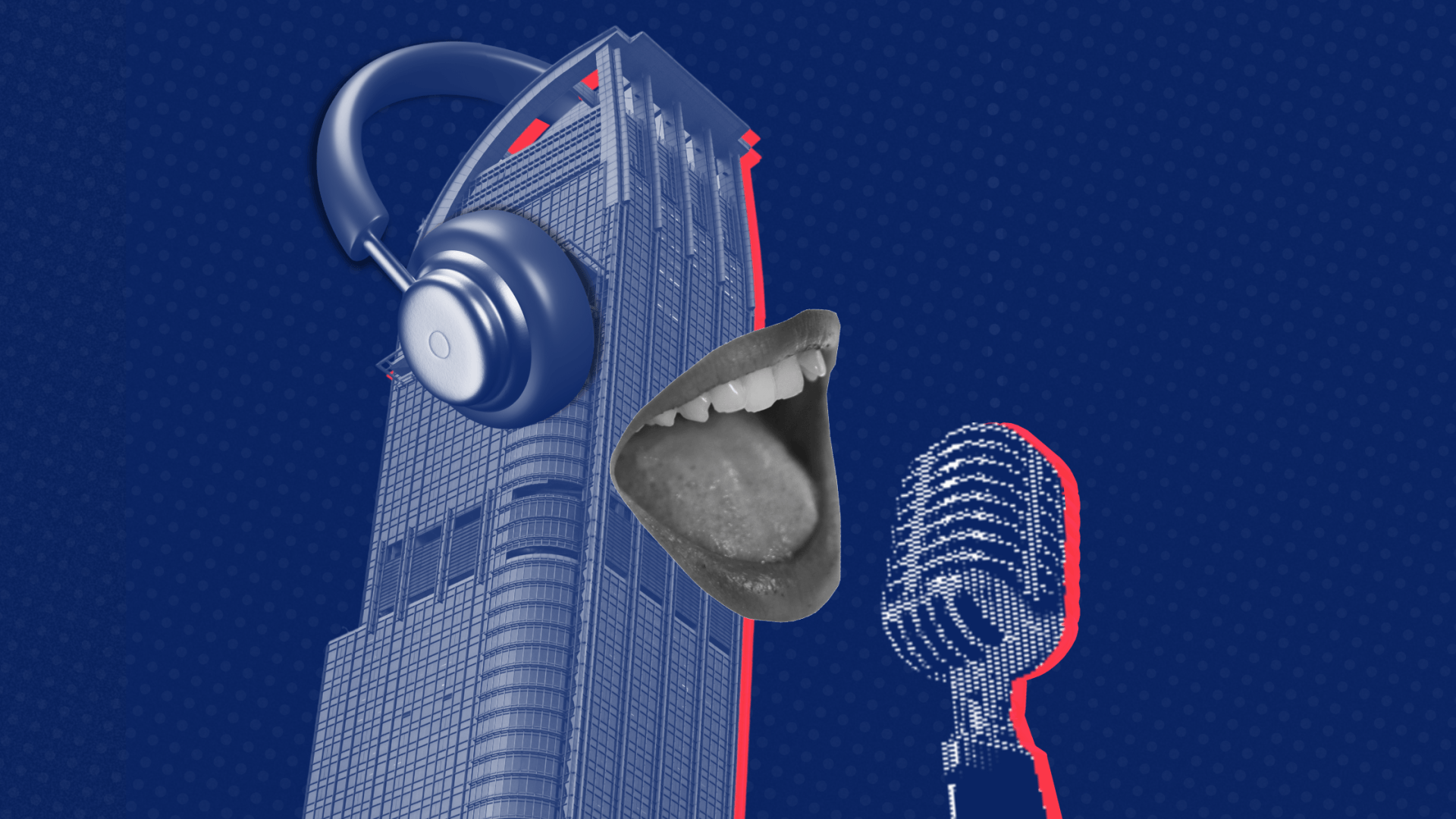 a collage of a microphone , headphones , and a woman 's mouth .