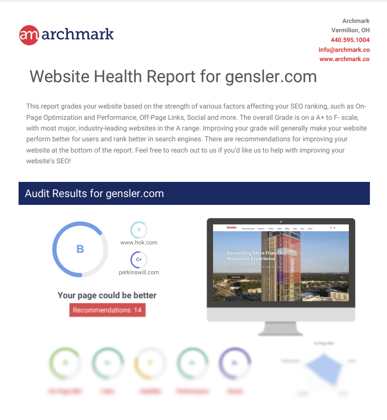screen grab of an archmark website health report for gensler.com